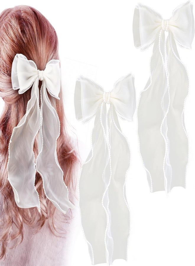 STSTR 2pcs Hair Bow Clips for Women, Silk Yarn Pearl Long Tail Bow Barrette, Elegant French Bowknot Hair Accessories for Parties, Weddings, Festivals (White) - Image 1